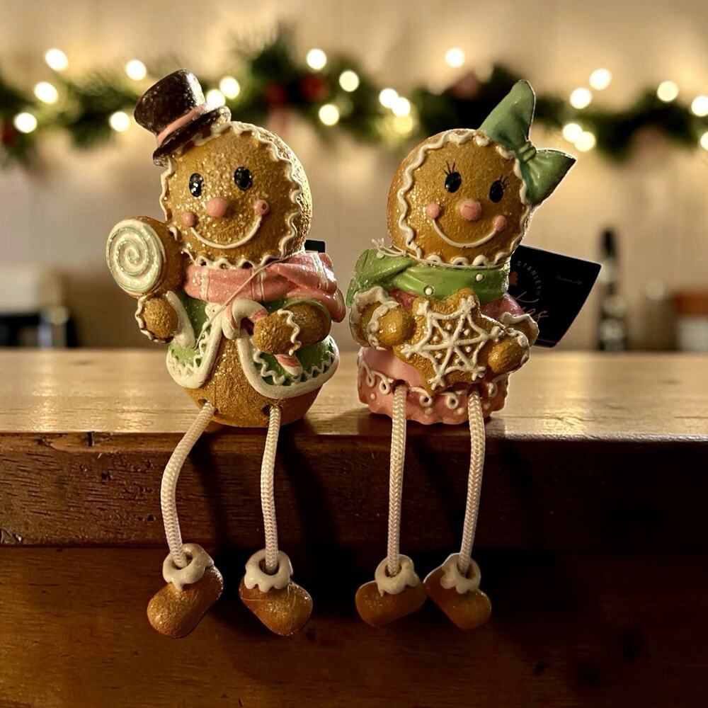 Glitter Gingerbread Man & Woman Shelf Sitter Figurines Resin Dangling Legs